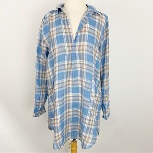 CP Shades Blue and Brown Checkered Plaid Linen Shirt Dress